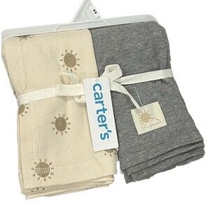 CARTER'S Thermal Baby Blanket Set Gray And Tan Sun Soft Cotton 2 Piece New